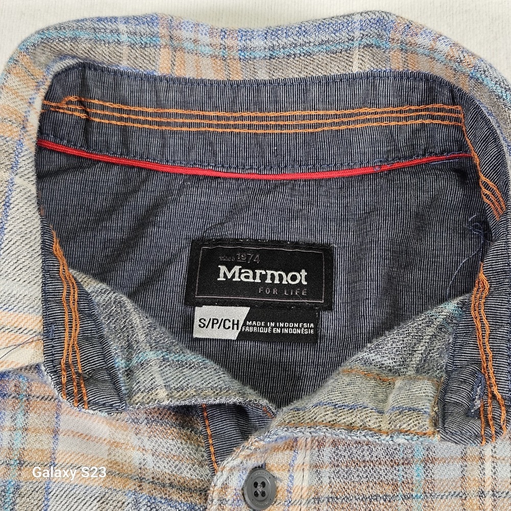 Marmot Flannel Shirt Men's S Blue Yellow Plaid Long Sleeve Collared Button-Up - Picture 2 of 10